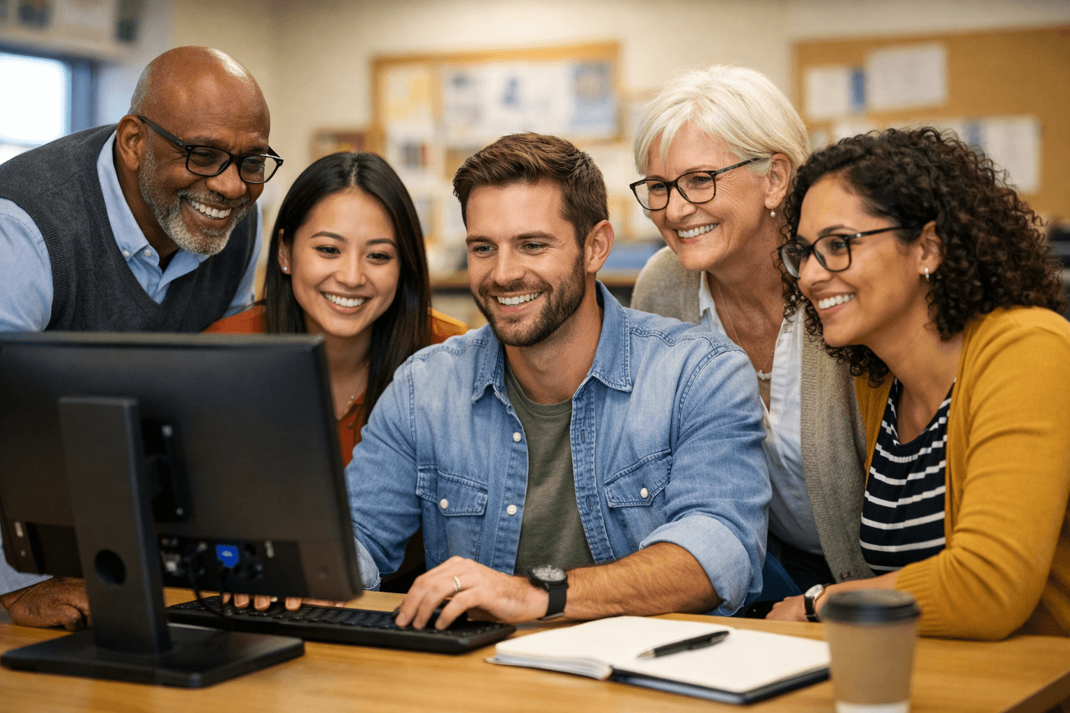 Diverse team of school leaders collaborating around a computer